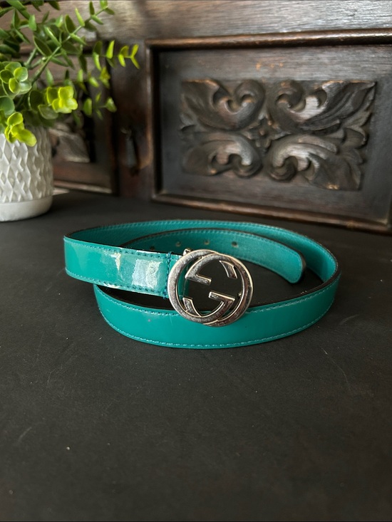 Beautiful Belt Accessories - Glossy Teal Patent Leather Belt with Silver Interlocking Buckle